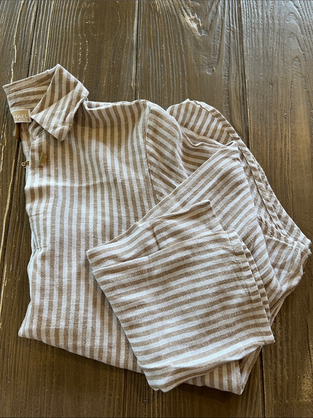 Michael Kors Linen Striped Top in Neutral Tan & White